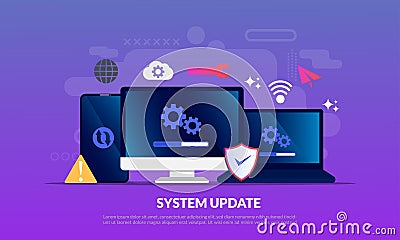 System Update Improvement Change New Version software. Installing update process, upgrade program, data network installation, flat Vector Illustration