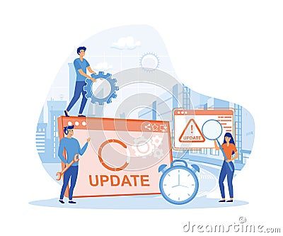 System Update. Tiny programmers upgrading operating system. Vector Illustration