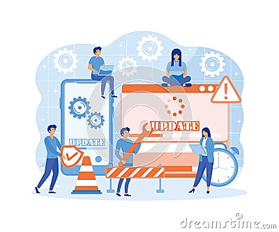System Update. Tiny programmers upgrading operating system. IT specialists updating software, programs and applications. Vector Illustration