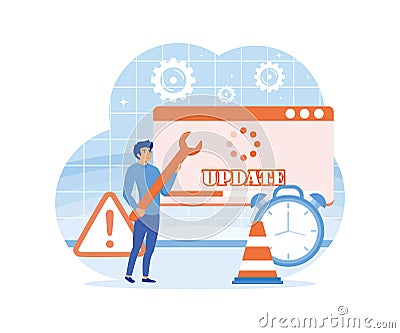System Update. Tiny programmers upgrading operating system. IT specialists updating software, programs service. Vector Illustration