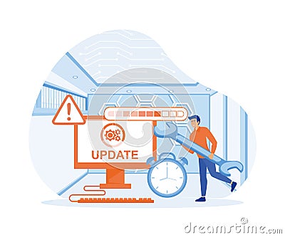 System Update. Tiny programmers upgrading operating system. Vector Illustration