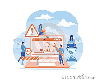 System Update. Tiny programmers upgrading operating system. Technical error and service. Vector Illustration