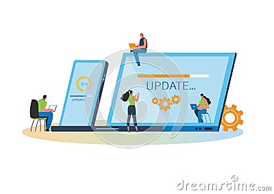 System updates with people updating operation in computing and installation programs. Flat vector illustration modern character Vector Illustration