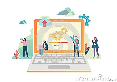 System updates with people updating operation in computing and installation programs. Flat vector illustration Cartoon Illustration