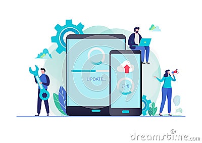 System updates with people updating operation in computing and installation programs. Mobile application. Flat vector illustration Cartoon Illustration