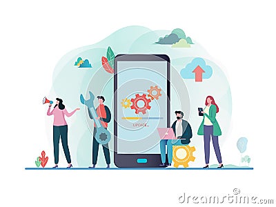 System updates with people updating operation in computing and installation programs. mobile application. Flat vector illustration Cartoon Illustration