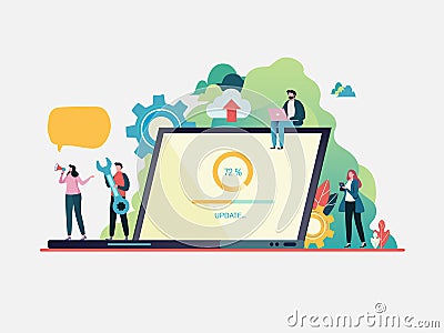 System updates with people updating operation in computing and installation programs. system maintenance. Flat vector illustration Vector Illustration