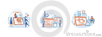 System updates, Tiny programmers upgrading operating system, The programmer behind the computer screen. Vector Illustration