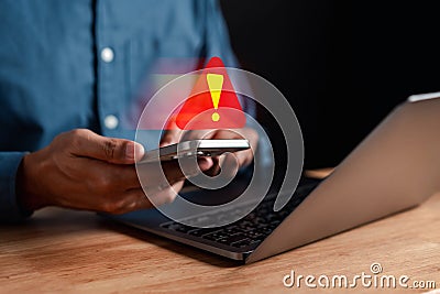 System warning caution alert, scam virus attack on firewall for notification error and maintenance. Network security vulnerability Stock Photo