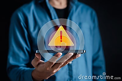 System warning caution sign symbol. Notification error and maintenance concept. cyber attack on computer network. Stock Photo