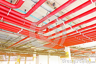 System of water pipes and control valves of The water system in the department store.For use inside department store and fire Stock Photo