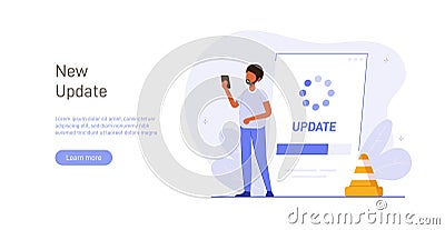 System or web application upgrade procedure. Concept of software version update or renewal process indication. Man and Vector Illustration