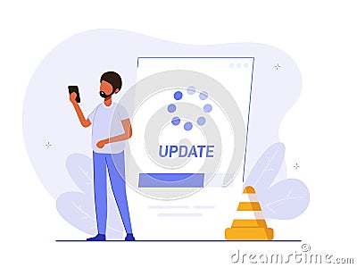 System or web application upgrade procedure. Concept of software version update or renewal process indication. Man and Vector Illustration