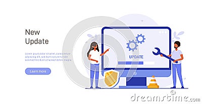 System or web application upgrade procedure. Concept of software version update or renewal process indication. Man and Vector Illustration