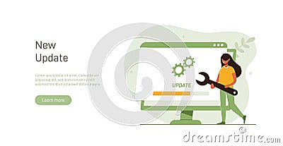 System or web application upgrade procedure. Concept of software version update or renewal process indication. Man and Vector Illustration