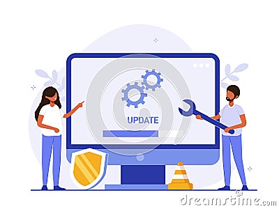 System or web application upgrade procedure. Concept of software version update or renewal process indication. People Vector Illustration