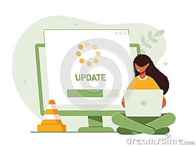 System or web application upgrade procedure. Concept of software version update or renewal process indication. Woman and Vector Illustration