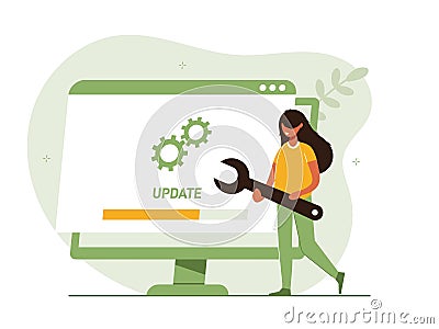System or web application upgrade procedure. Concept of software version update or renewal process indication. Woman and Vector Illustration