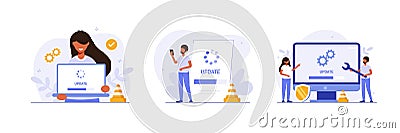System or web application upgrade procedure set. Concept of software version update or renewal process indication Vector Illustration