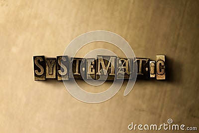 SYSTEMATIC - close-up of grungy vintage typeset word on metal backdrop Cartoon Illustration