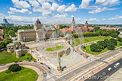 Szczecin from the bird`s eye view - Boulevard and Chrobry`s Shaft. Landscape bristle with horizon and blue sky. Stock Photo