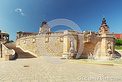 Szczecin. Historic fountain and Architecture of the city Stock Photo