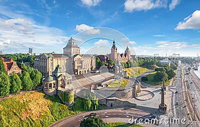 Szczecin, Poland. Aerial view of historic buildings on the bank of Oder river Stock Photo