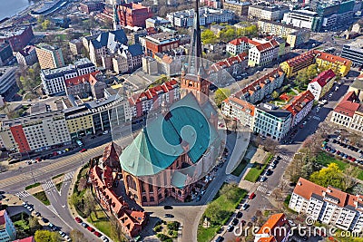 SZCZECIN, POLAND - 08 APRIL 2019 - Aerial view on Szczecin city, area of Grodzka street. City center. The Cathedral Basilica of St Editorial Stock Photo