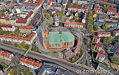 SZCZECIN, POLAND - 08 APRIL 2019 - Aerial view on Szczecin city, area of Grodzka street. City center. The Cathedral Basilica of St Editorial Stock Photo