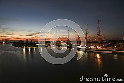 Szczecin, Poland, 7 august 2017: Panorama of the quay in Szczecin during the finale of The Tall Ships Races 2017 by night. Editorial Stock Photo