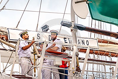 Ship crew on beautiful old sailboat Juan Sebastian de Elcano Editorial Stock Photo