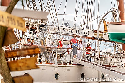 Ship crew on beautiful old sailboat Juan Sebastian de Elcano Editorial Stock Photo