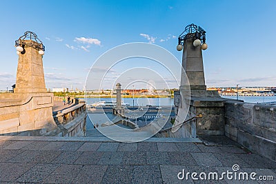 Szczecin in Poland. Panoramic view of the Chrobry embankment and waterfront. August 2019 Editorial Stock Photo