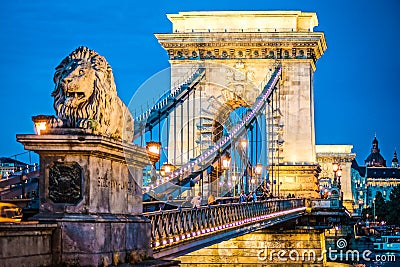 Szechenyi Chain Bridge night view Budapest, Hungary Stock Photo