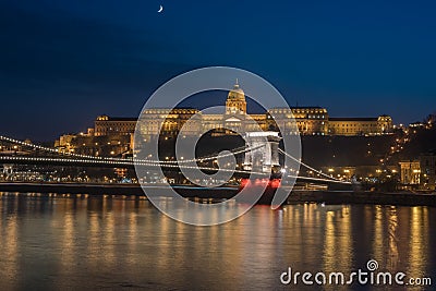 Szechenyi Chain Bridge over the River Danube at night in Budapest Editorial Stock Photo