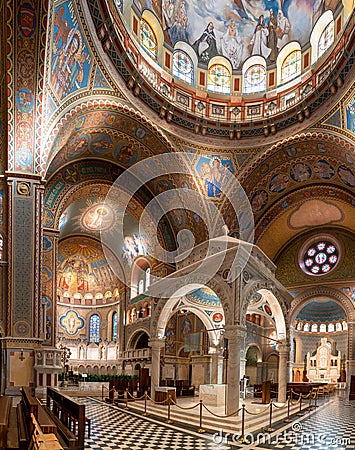 View of the main transept and the altar of Saint Antony in the Votive Church of Szeged Editorial Stock Photo