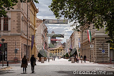 Pedestrian street of karasz utca, a of the city center of Szeged, Southern Hungary Editorial Stock Photo