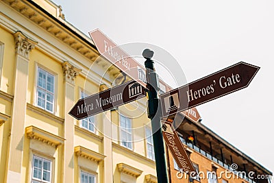 Szeged tourist attractions arrow direction sign in Hungary Editorial Stock Photo