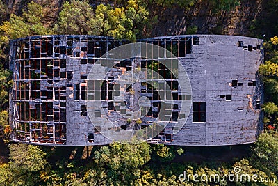 Aerial view about abandoned residential neighborhood, looks like an apocalyptic ghost town. Stock Photo