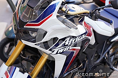 Honda Africa Twin brand sign and text logo motorcycle motor bike in street new model japan Editorial Stock Photo