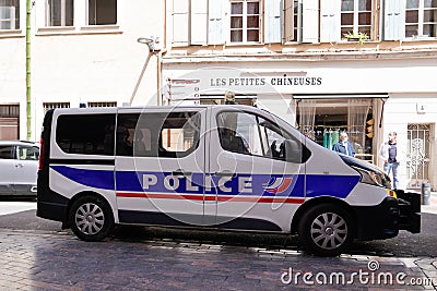 Police french with stickers logo sign text on side van renault traffic Editorial Stock Photo