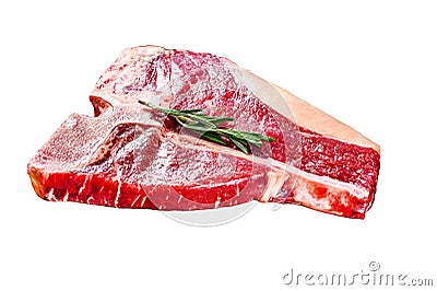 T bone steak in a pan. Organic raw Tbon beef. Isolated on white background. Top view. Stock Photo