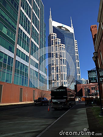 The AT&T building with it's twin spires and the Hilton in downtown Nashville, Tennessee, USA. Editorial Stock Photo