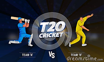 T20 Cricket Banner Design With Faceless Batsman, Bowler Player Of Participating Team A VS B On Blue And Brown Rays Stock Photo