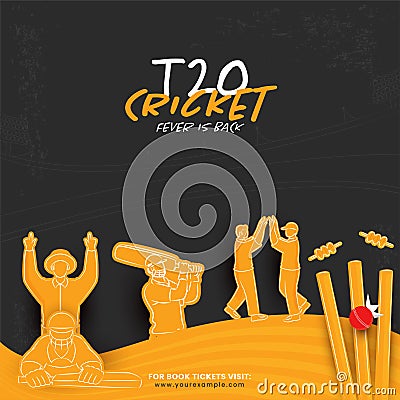 T20 Cricket Fever Is Back Concept With Sticker Style Cricketer Players In Different Poses And Red Ball Hitting Wicket Stump Stock Photo