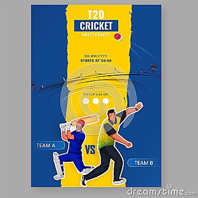 T20 Cricket Match Flyer Design With Sticker Style Faceless Batsman, Bowler Player Of Participating Team A VS B On Chrome Yellow Stock Photo