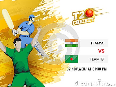 T20 Cricket Match Between India VS Bangladesh With Cartoon Batsman, Bowler Player And Yellow Brush Effect On White Stock Photo