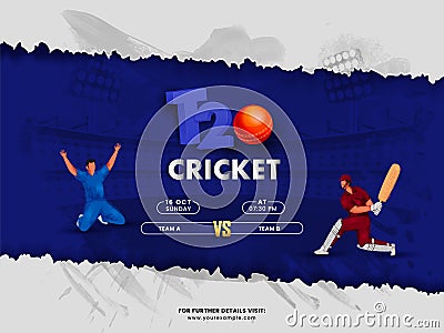 T20 Cricket Match Between Team A VS B With Cartoon Batsman, Bowler Player In Action Pose On Torn Paper Gray And Blue Stock Photo