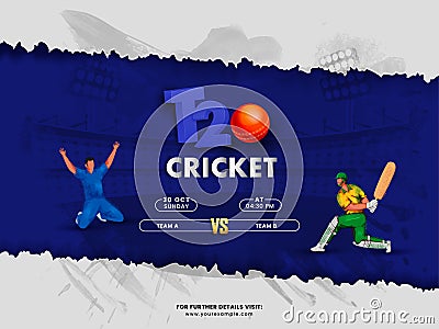 T20 Cricket Match Between Team A VS B With Faceless Batsman, Bowler Character On Torn Paper Gray And Blue Stadium Stock Photo