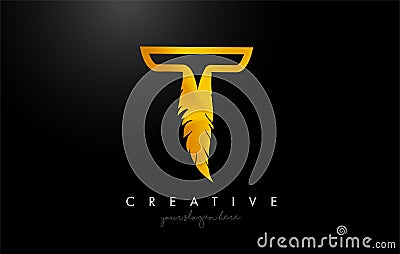 T Golden Gold Feather Letter Logo Icon Design With Feather Feathers Creative Look Vector Illustration Vector Illustration